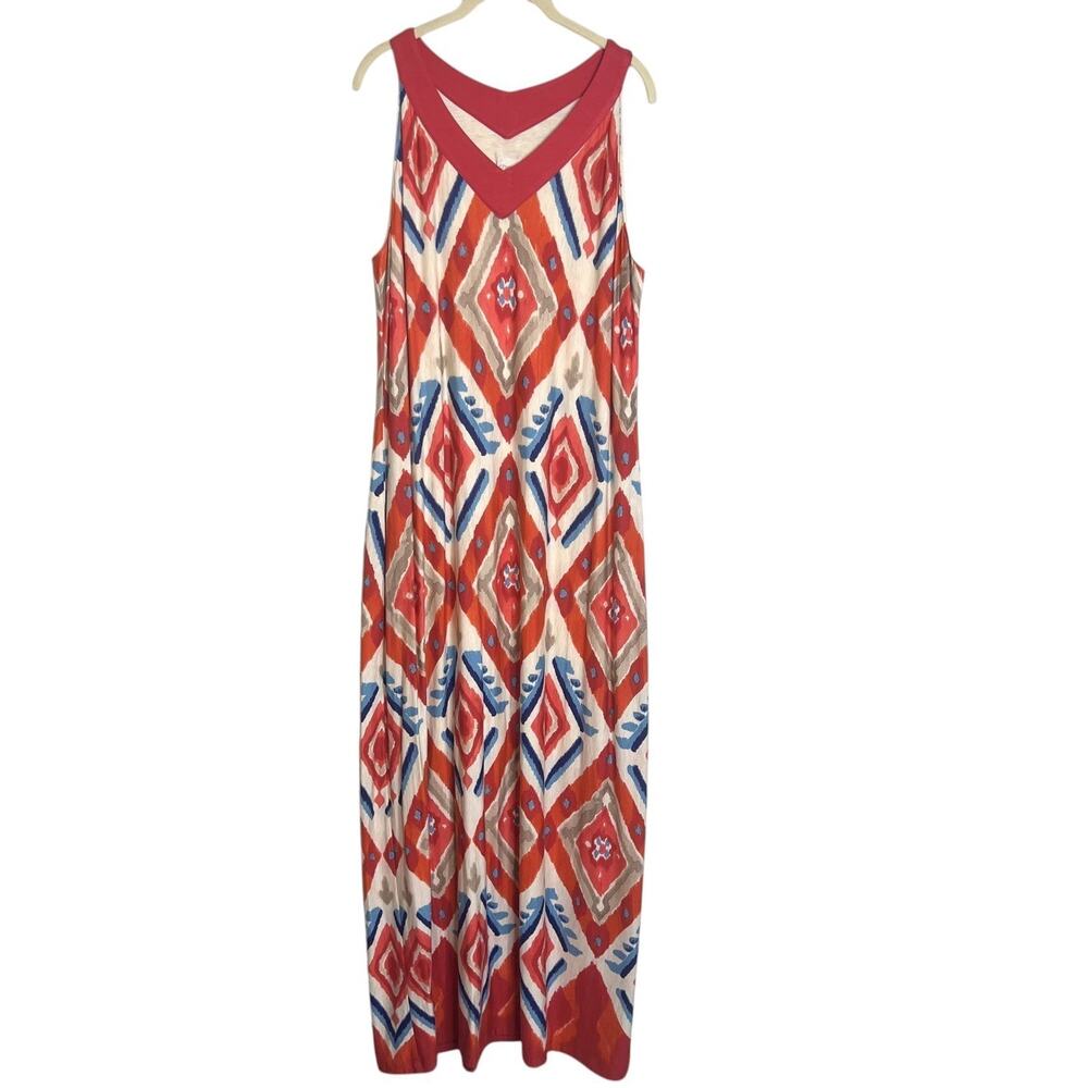 Chicos Womens Sleeveless Maxi Dress Size 2 US Large Red Blue Geometric Print